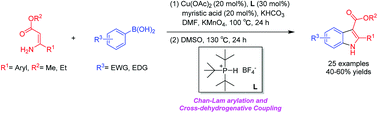 Graphical abstract: Copper(ii)-catalyzed synthesis of multisubstituted indoles through sequential Chan–Lam and cross-dehydrogenative coupling reactions