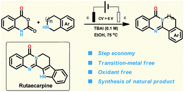 Graphical abstract: Electrosynthesis of polycyclic quinazolinones and rutaecarpine from isatoic anhydrides and cyclic amines