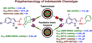 Graphical abstract: Design, synthesis and evaluation of novel indole-2-carboxamides for growth inhibition of Mycobacterium tuberculosis and paediatric brain tumour cells