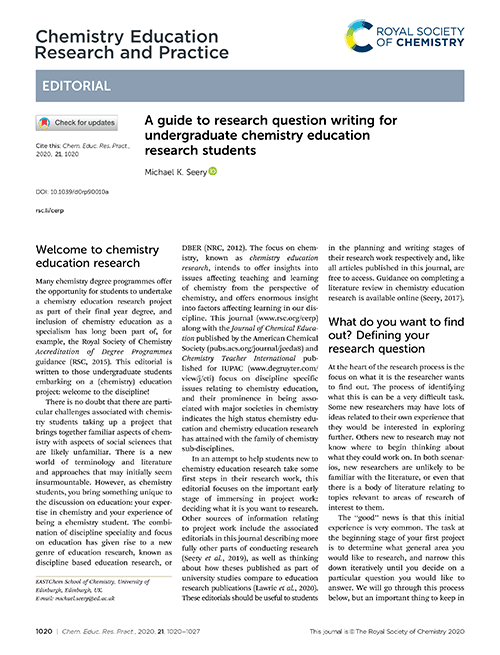A guide to research question writing for undergraduate chemistry education research students