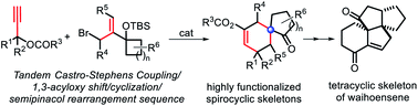 Graphical abstract: Facile access to diverse all-carbon quaternary center containing spirobicycles by exploring a tandem Castro–Stephens coupling/acyloxy shift/cyclization/semipinacol rearrangement sequence