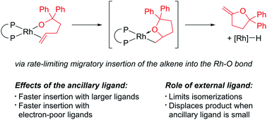 Graphical abstract: Effects of ligands on the migratory insertion of alkenes into rhodium–oxygen bonds