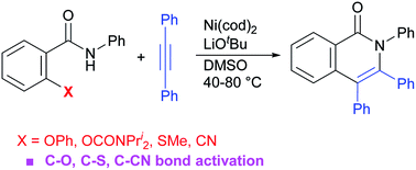 Graphical abstract: Nickel-catalyzed C–O/N–H, C–S/N–H, and C–CN/N–H annulation of aromatic amides with alkynes: C–O, C–S, and C–CN activation