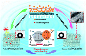 Graphical abstract: A heterostructured PPy/ZnO layer assembled on a PAN nanofibrous membrane with robust visible-light-induced self-cleaning properties for highly efficient water purification with fast separation flux