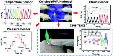 Graphical abstract: Highly stretchable, transparent cellulose/PVA composite hydrogel for multiple sensing and triboelectric nanogenerators