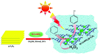 Graphical abstract: Efficient hydroxylation of benzene to phenol by H2O2 using Ni-doped CuWO4 on carbon nitride as a catalyst under solar irradiation and its structure–activity correlation