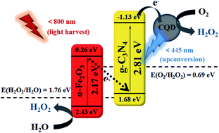 Graphical abstract: Sacrificial agent-free photocatalytic H2O2 evolution via two-electron oxygen reduction using a ternary α-Fe2O3/CQD@g-C3N4 photocatalyst with broad-spectrum response
