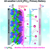 Graphical abstract: An all-weather Li/LiV2(PO4)3 primary battery with improved shelf-life based on the in situ modification of the cathode/electrolyte interface