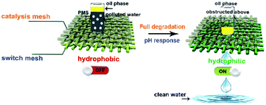 Graphical abstract: Integration of catalytic capability and pH-responsive wettability in a VxOy-based dual-mesh system: towards solving the trade-off between the separation flow rate and degradation efficiency