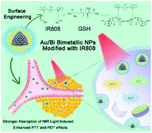 Graphical abstract: Integration of IR-808 and thiol-capped Au–Bi bimetallic nanoparticles for NIR light mediated photothermal/photodynamic therapy and imaging