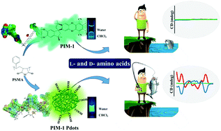 Graphical abstract: Harnessing the enantiomeric recognition ability of hydrophobic polymers of intrinsic microporosity (PIM-1) toward amino acids by converting them into hydrophilic polymer dots