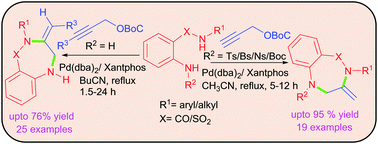 Graphical abstract: Palladium(0)-catalysed regioselective cyclisations of 2-amino(tosyl) benzamides/sulphonamides: the stereoselective synthesis of 3-ylidene-[1,4]benzodiazepin-5-ones/benzo[f][1,2,5]thiadiazepine-1,1-dioxides