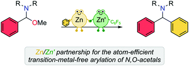 Graphical abstract: Atom-efficient transition-metal-free arylation of N,O-acetals using diarylzinc reagents through Zn/Zn cooperativity