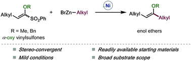 Graphical abstract: Selective synthesis of enol ethers via nickel-catalyzed cross coupling of α-oxy-vinylsulfones with alkylzinc reagents
