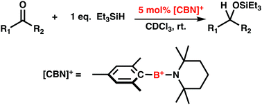 Graphical abstract: [Mes-B-TMP]+ borinium cation initiated cyanosilylation and catalysed hydrosilylation of ketones and aldehydes