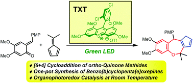 Graphical abstract: A new cycloaddition profile for ortho-quinone methides: photoredox-catalyzed [6+4] cycloadditions for synthesis of benzo[b]cyclopenta[e]oxepines