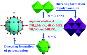 Graphical abstract: Structure-directing effect of aqueous alkali metal ion (Li+, Na+ and K+) clusters on the polyoxoanion configuration in vanadium–molybdenum polyoxometalate solid solutions