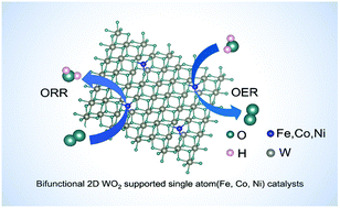 Graphical abstract: Bifunctional electrocatalysts for oxygen reduction and oxygen evolution: a theoretical study on 2D metallic WO2-supported single atom (Fe, Co, or Ni) catalysts