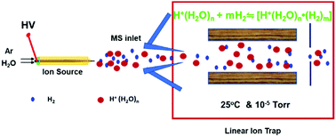 Graphical abstract: Formation of protonated water–hydrogen clusters in an ion trap mass spectrometer at room temperature