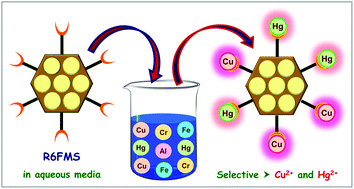 Graphical abstract: Discriminatory behavior of a rhodamine 6G decorated mesoporous silica based multiple cation sensor towards Cu2+ and Hg2+vis-à-vis Al3+, Cr3+ and Fe3+: selective removal of Cu2+ and Hg2+ from aqueous media
