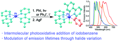 Graphical abstract: Luminescent halido(aryl) Pt(iv) complexes obtained via oxidative addition of iodobenzene or diaryliodonium salts to bis-cyclometalated Pt(ii) precursors