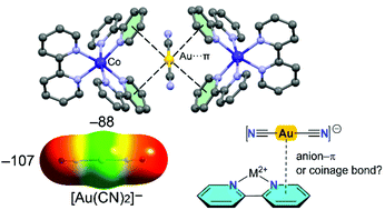 Graphical abstract: On the nature of recurrent Au⋯π motifs in tris(2,2′-bipyridine)M(ii) (M = Fe, Co and Ni) dicyanoaurate(i) salts: X-ray analysis and theoretical rationalization