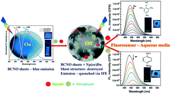 Graphical abstract: Highly fluorescent 2D-BCNO sheets based chemical sensor for selective detection of the explosive Dunnite and 4-nitrophenol in aqueous medium