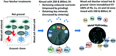Graphical abstract: Treatments of wood ash amended biochar to reduce nutrient leaching and immobilise lead, copper, zinc and cadmium in aqueous solution: column experiments