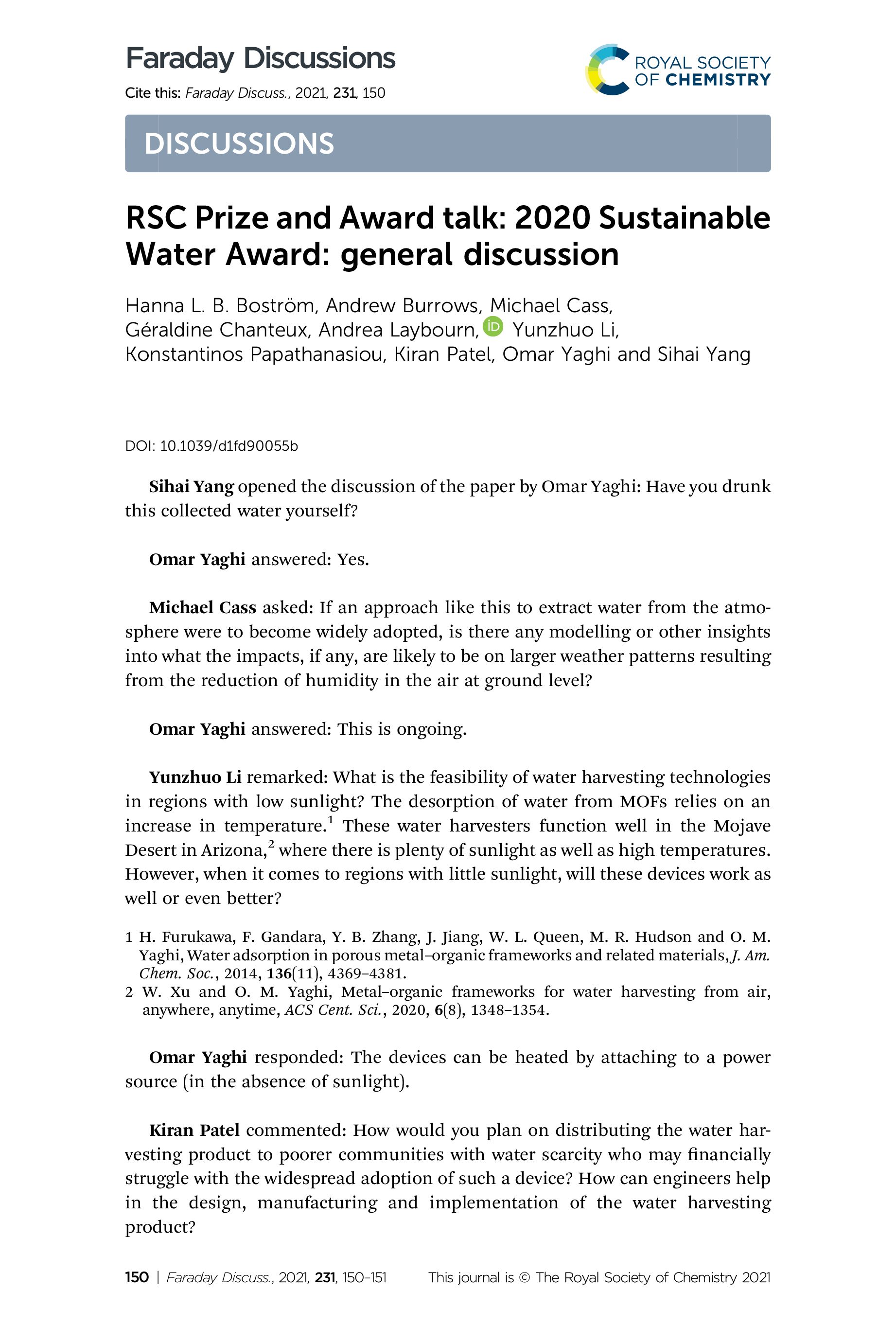 RSC Prize and Award talk: 2020 Sustainable Water Award: general discussion