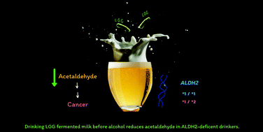 Graphical abstract: Intake of Lactobacillus rhamnosus GG (LGG) fermented milk before drinking alcohol reduces acetaldehyde levels and duration of flushing in drinkers with wild-type and heterozygous mutant ALDH2: a randomized, blinded crossover controlled trial