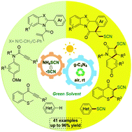 Graphical abstract: Visible light-induced recyclable g-C3N4 catalyzed thiocyanation of C(sp2)–H bonds in sustainable solvents