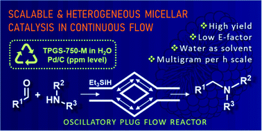 Graphical abstract: Continuous flow heterogeneous catalytic reductive aminations under aqueous micellar conditions enabled by an oscillatory plug flow reactor