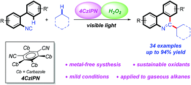 Graphical abstract: Selective C(sp3)–H activation of simple alkanes: visible light-induced metal-free synthesis of phenanthridines with H2O2 as a sustainable oxidant