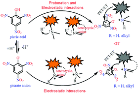 Graphical abstract: Protonation- and electrostatic-interaction-based fluorescence probes for the selective detection of picric acid (2,4,6-trinitrophenol) – an explosive material