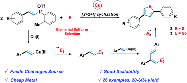 Graphical abstract: Cu-catalyzed [2 + 2 + 1] cascade annulation of vinyl iodonium salts with elemental sulfur/selenium for the modular synthesis of thiophenes and selenophenes
