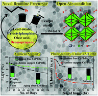 Graphical abstract: Bromopropane as a novel bromine precursor for the completely amine free colloidal synthesis of ultrastable and highly luminescent green-emitting cesium lead bromide (CsPbBr3) perovskite nanocrystals