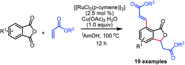 Graphical abstract: Ru(ii)-Catalyzed cascade decarbonylative annulation and dehydrogenative alkenylation reactions: synthesis of phthalides