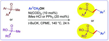 Graphical abstract: Nickel-catalyzed coupling of R2P(O)Me (R = aryl or alkoxy) with (hetero)arylmethyl alcohols