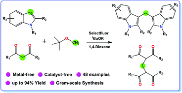 Graphical abstract: Selectfluor facilitated bridging of indoles to bis(indolyl)methanes using methyl tert-butyl ether as a new methylene precursor