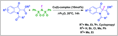 Graphical abstract: Enantioselective fluorination of 3-indolinone-2-carboxylates with NFSI catalyzed by chiral bisoxazolines