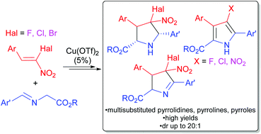 Graphical abstract: Copper-catalyzed [3 + 2]-cycloaddition of α-halonitroalkenes with azomethine ylides: facile synthesis of multisubstituted pyrrolidines and pyrroles