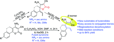 Graphical abstract: Step-wise and one-pot synthesis of highly substituted conjugated trienes from 2-oxobenzo[h]chromenes/2H-pyran-2-ones