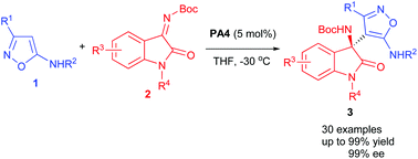 Graphical abstract: An enantioselective aza-Friedel–Crafts reaction of 5-aminoisoxazoles with isatin-derived N-Boc ketimines