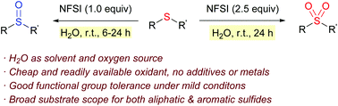Graphical abstract: Selective synthesis of sulfoxides and sulfones via controllable oxidation of sulfides with N-fluorobenzenesulfonimide