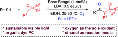 Graphical abstract: A visible-light-induced thiol addition/aerobic oxidation cascade reaction of epoxides and thiols for the synthesis of β-hydroxylsulfoxides