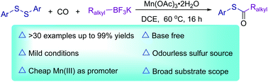Graphical abstract: Manganese(iii)-promoted thiocarbonylation of alkylborates with disulfides: synthesis of aliphatic thioesters