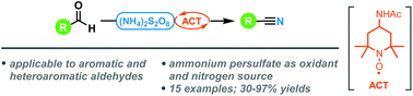 Graphical abstract: Preparation of nitriles from aldehydes using ammonium persulfate by means of a nitroxide-catalysed oxidative functionalisation reaction