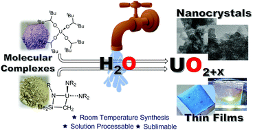 Graphical abstract: Room temperature synthesis of UO2+x nanocrystals and thin films via hydrolysis of uranium(iv) complexes