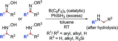 Graphical abstract: Mild reductive rearrangement of oximes and oxime ethers to secondary amines with hydrosilanes catalyzed by B(C6F5)3