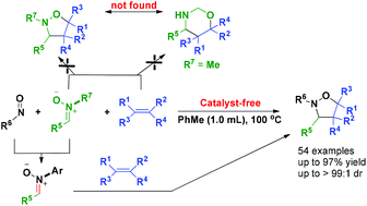 Graphical abstract: N-Alkyl nitrones as substrates for access to N-aryl isoxazolidines via a catalyst-free one-pot three-component reaction with nitroso compounds and olefins